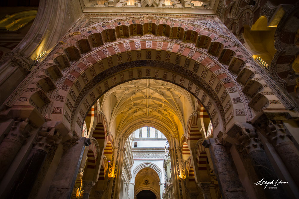 Looking up: Inside the Mosque-Cathedral of Cordoba, Spain
