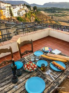 Ronda-bridge-Spain-mediterranean-lunch-bread-salad-olives-wine