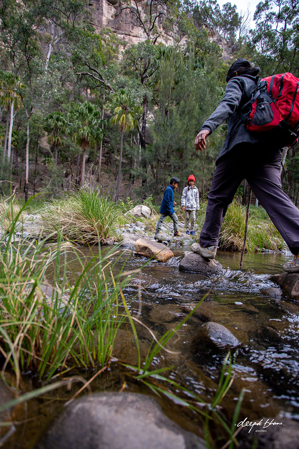 Carnarvon Gorge with kids - mum crossing stepping stones over the creek with kids watching